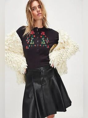 Free People Fleur Embroidered  Cuff Ribbed   Henley Top